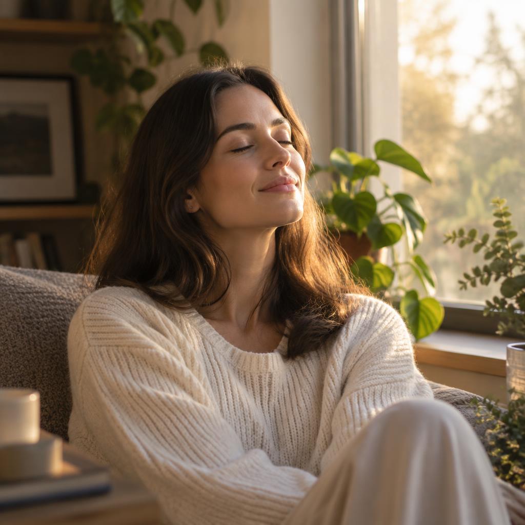 Mujer en un momento de calma junto a la ventana, con luz cálida